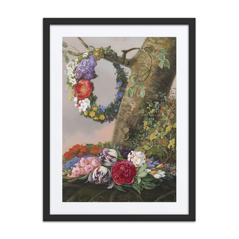A Bouquet of Flowers at the Foot of a Tree. on a Branch Hangs a Floral Wreath