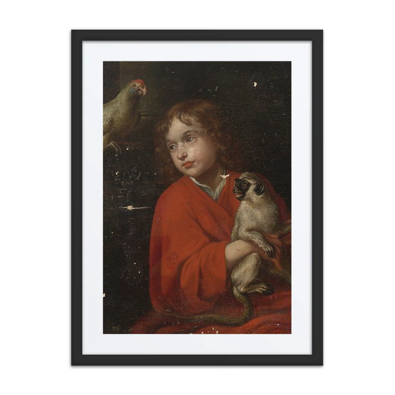 A Boy Holding a Monkey with a Parrot