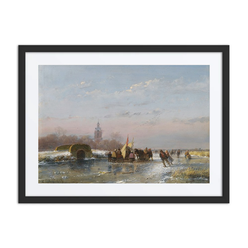 A Frozen Waterway with Skaters by a Refreshment Stall
