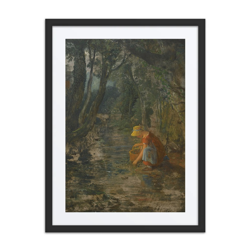 A Girl Collecting Berries by a Brook in a Wooded Landscape