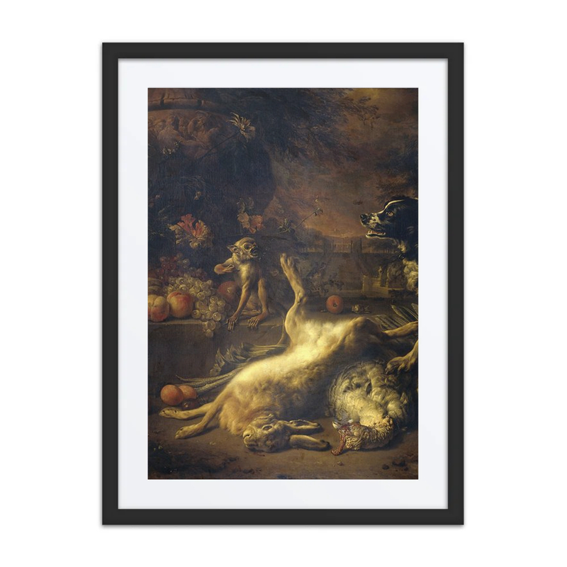 A Monkey and a Dog with Dead Game and Fruit