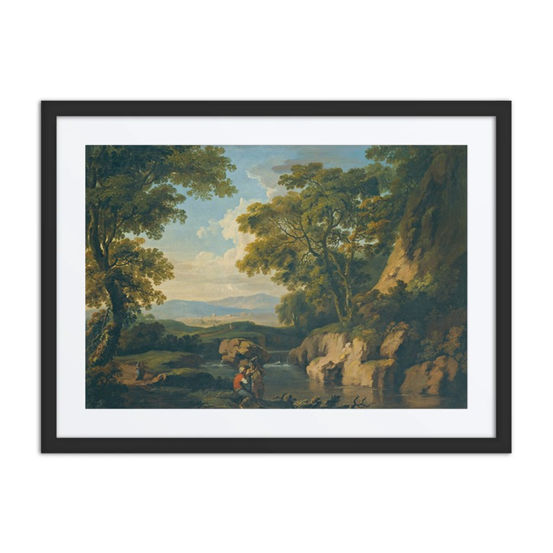 A Mountainous Wooded Landscape with Figures by a River
