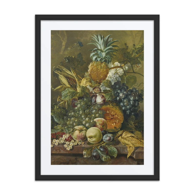 A Pineapple, Plums, Grapes and Other Fruit with Corn on a Marble Ledge