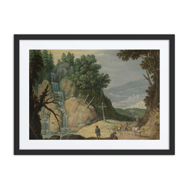 A Rocky Landscape with a Waterfall and Travellers on a Path