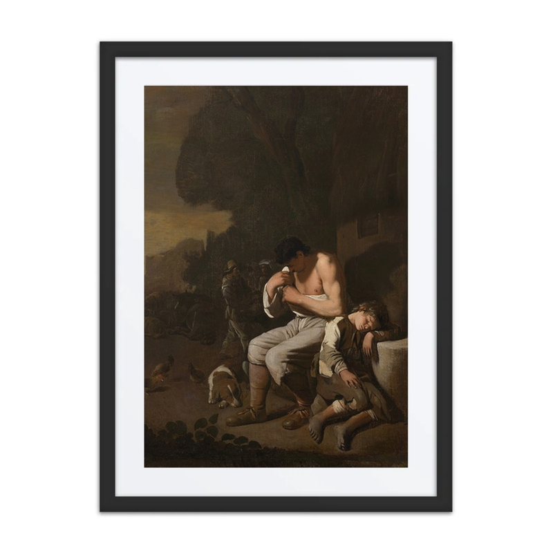 A Sleeping Boy and a Man Removing Fleas from Himself