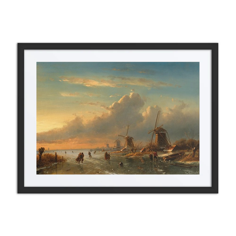 A Winter Landscape at Sunset with Figures on the Ice