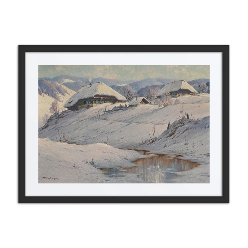 A Winter Landscape with Snow-Covered Farmsteads and a Stream