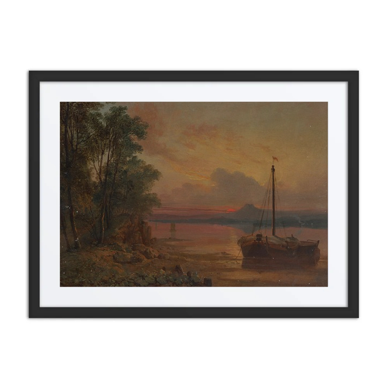 An Estuary at Sunset with a Moored Fishing Boat in the Foreground