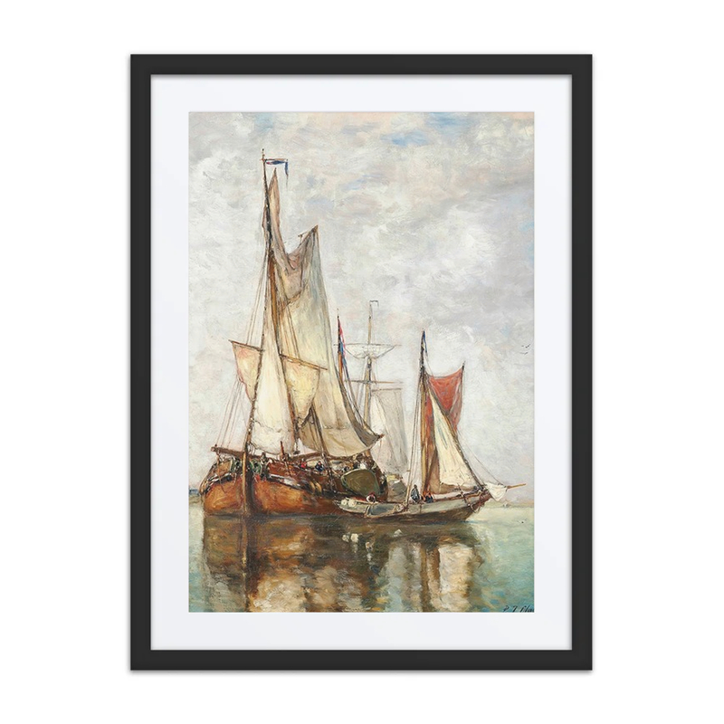 Barges Moored Before a Windmill