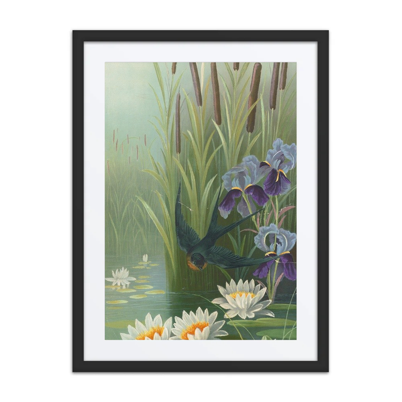Bird Flying over Water with Cattails, Irises and Water Lilies