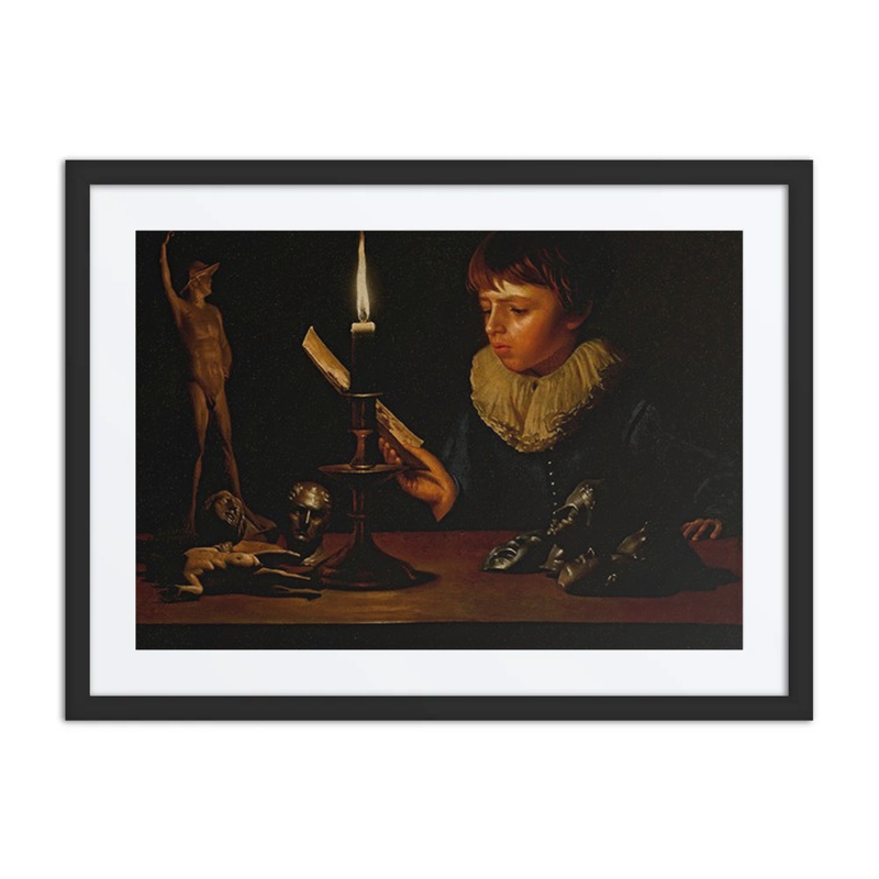 Boy Behind a Table with Statuettes Reading by Candlelight
