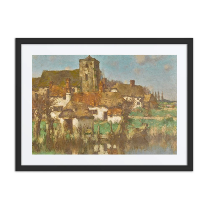 Church and Farm Cottages by a River