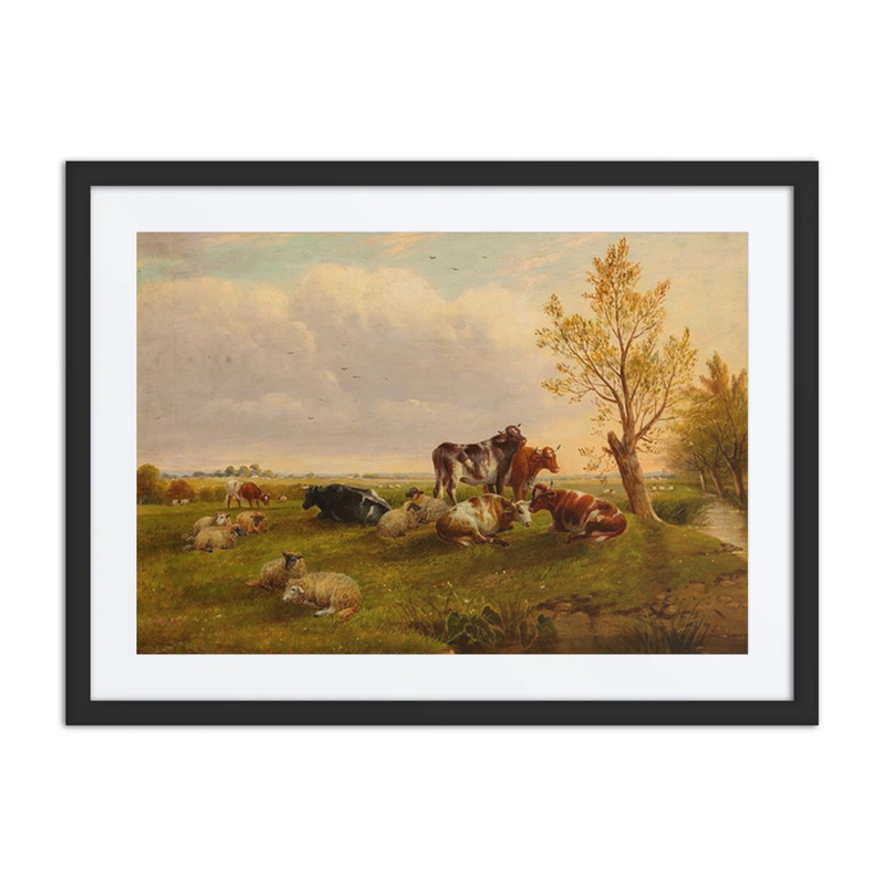 Cows and Sheep Resting Beside a Stream