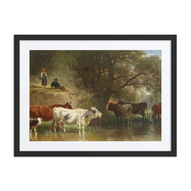 Cows Grazing by the River with Shepherds