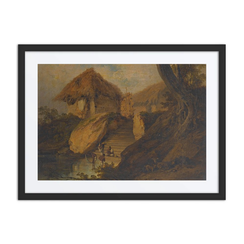 Figures Washing in a River with Thatched Huts Behind, Bengal, India