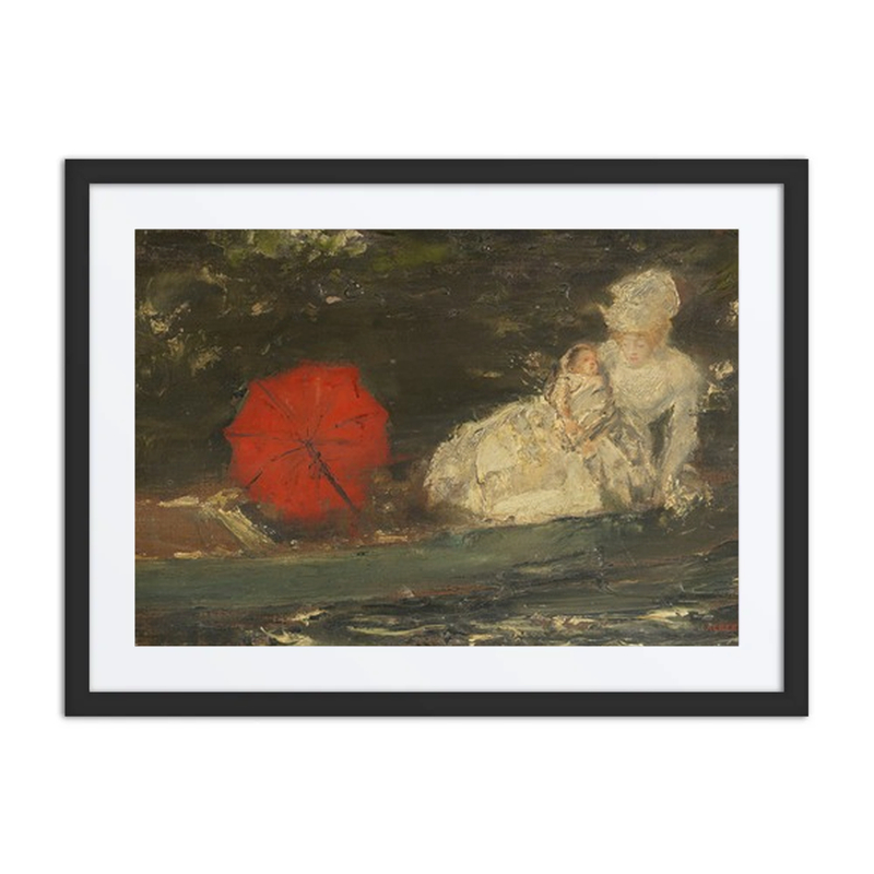 Frau Und Kind Im Freien Mit Rotem Parasol