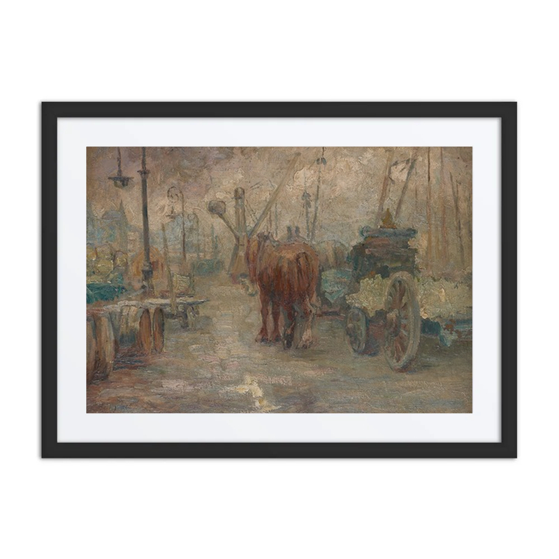 Harbor Scene with Cart, Horses, and Crane