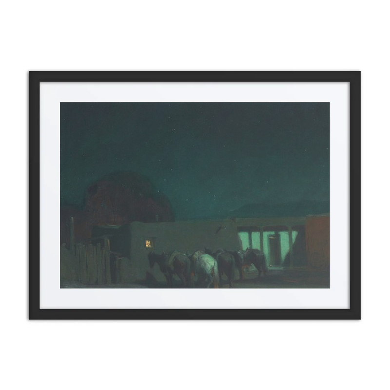 Horses by Adobe Building, Moonlight