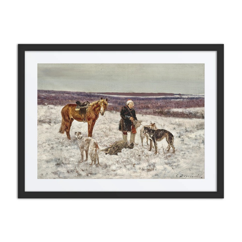 Hunter with a Slain Wolf in a Vast Winter Landscape