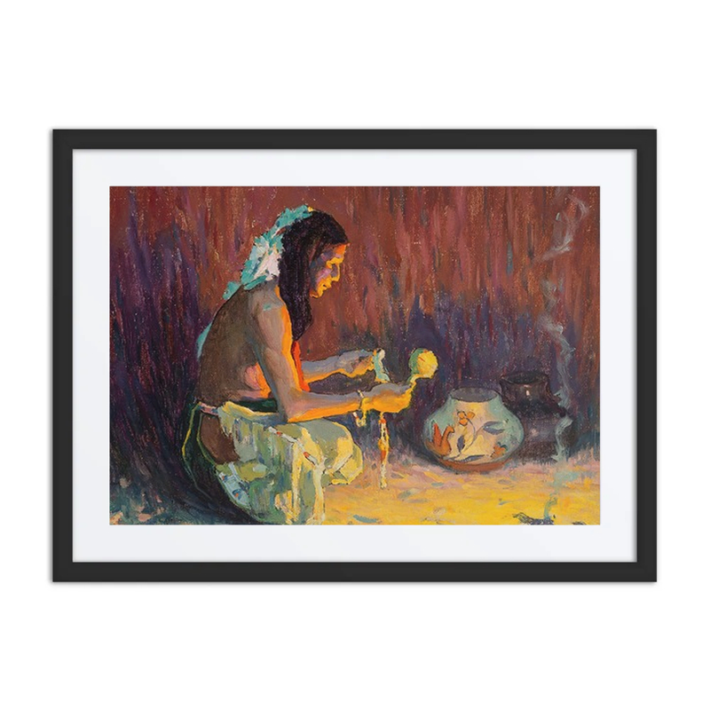 Indian Brave Kneeling Before the Firelight