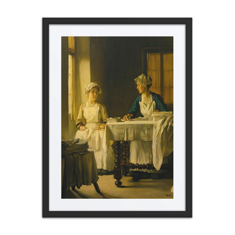 Interior with Two Women Folding Sheets