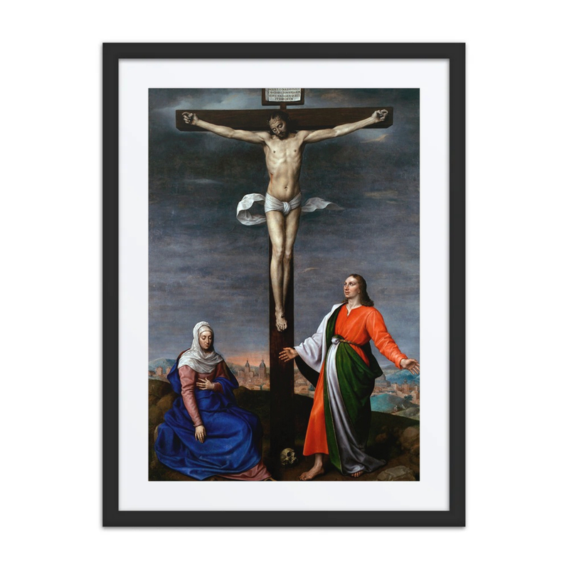 La Obra Muestra a Jesucristo Crucificado Junto a la Virgen María Y San Juan Evangelista