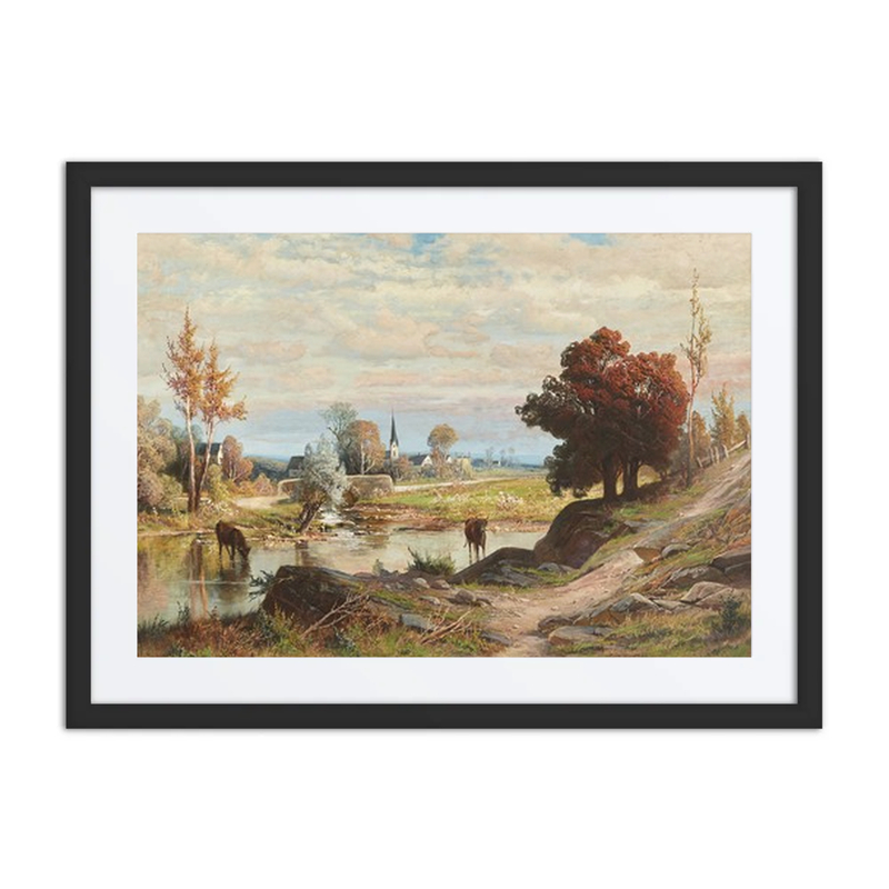 Landscape with Cows Watering and Town in Background