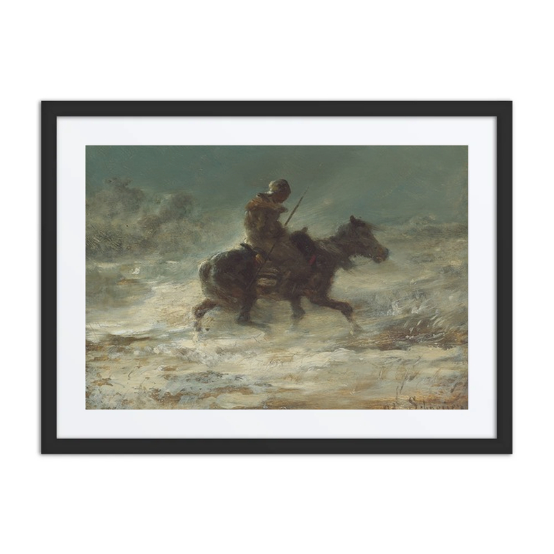 Man with Lance Riding Through Snow