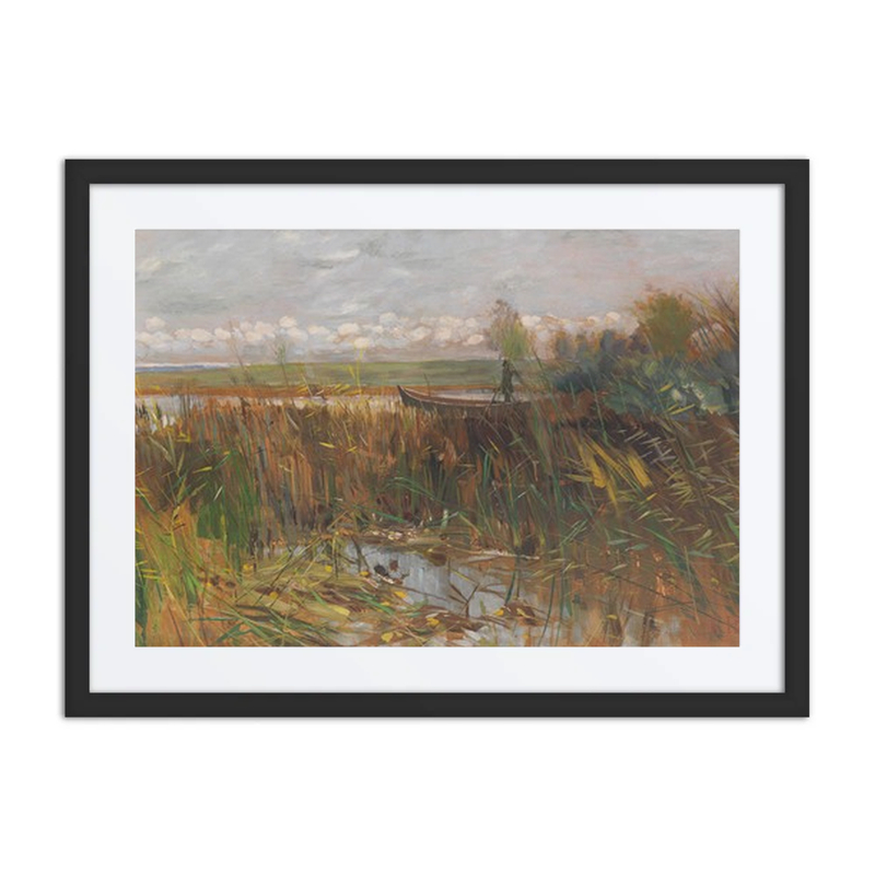 Märkische Seenlandschaft Mit Entenjäger Im Kahn Stehend