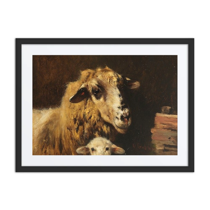 Mother Sheep with Lamb in the Stable