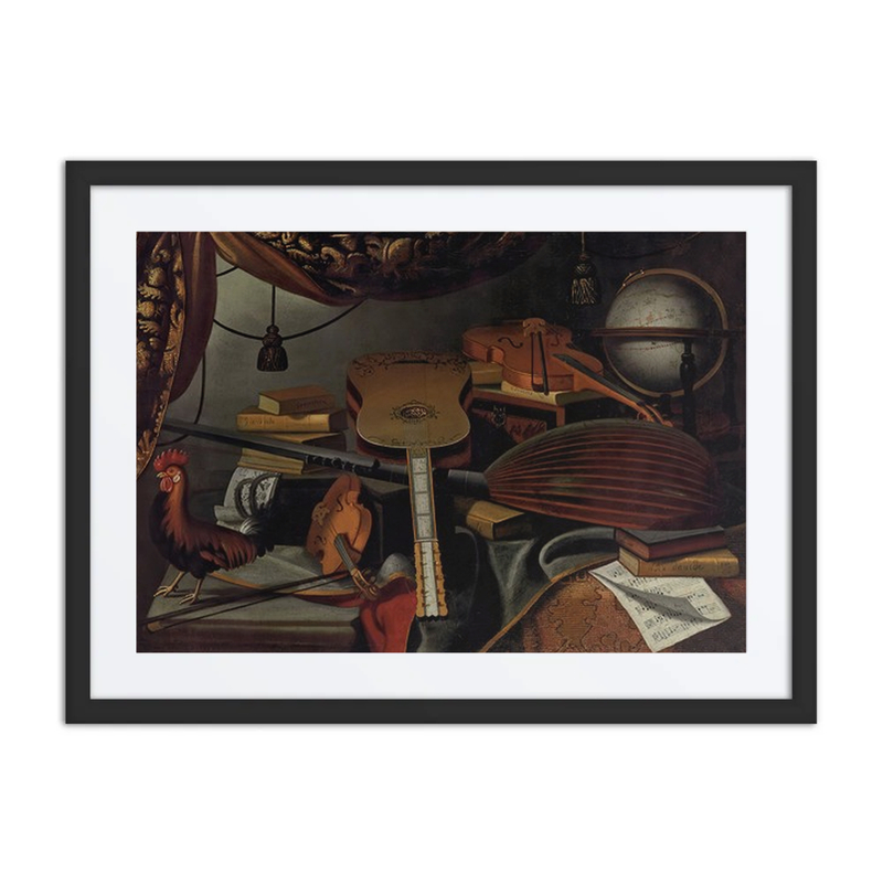 Musical Instruments, Books, Music Scores, a Globe and a Rooster on a Table