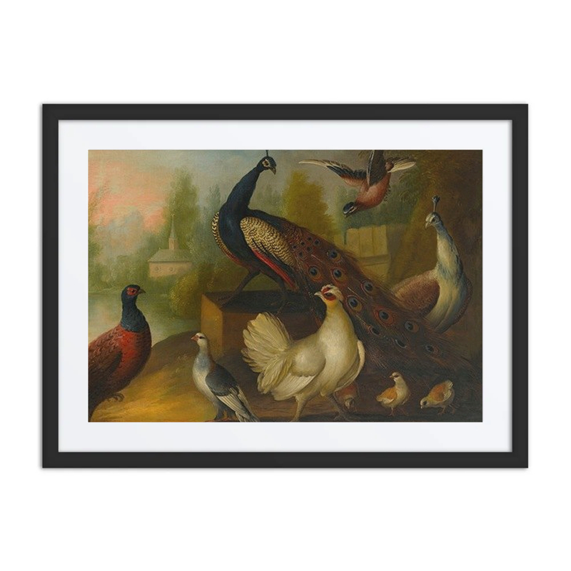 Peacocks, Chickens, and Other Birds in a River Landscape