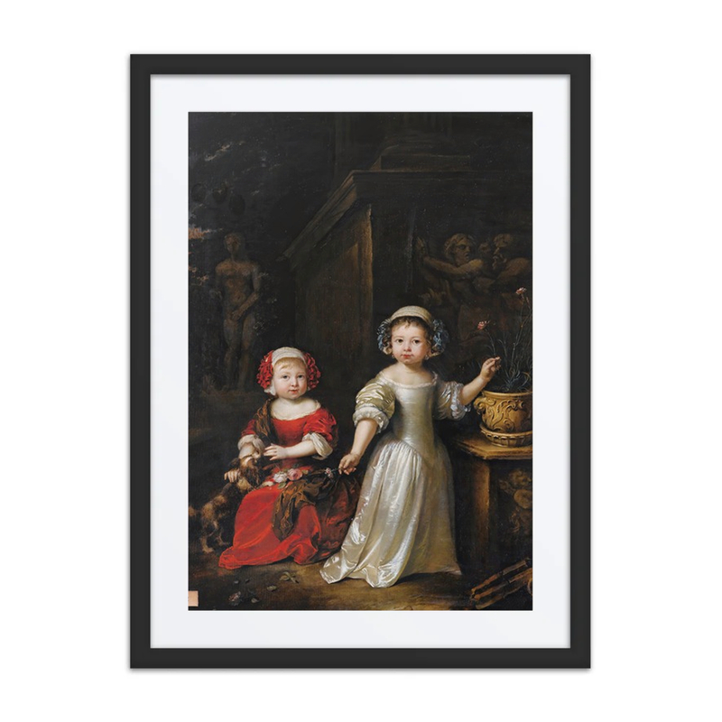Portrait of Two Young Girls in a Park with a Dog and a Carnation