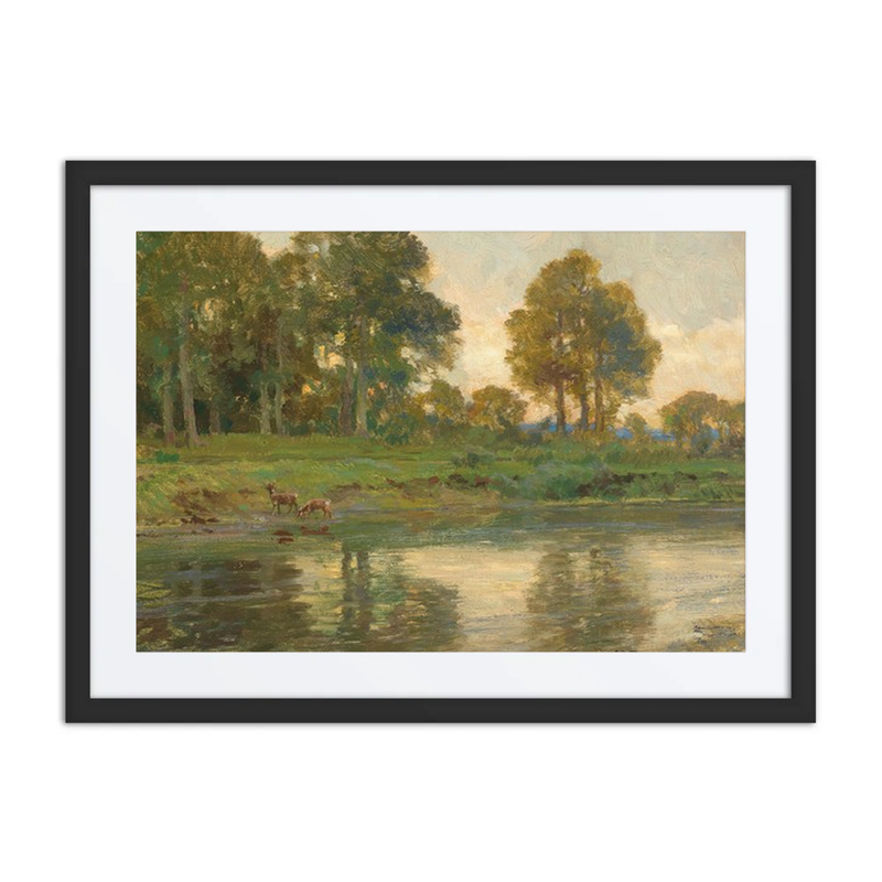Red Deer by a Pond at Sunset