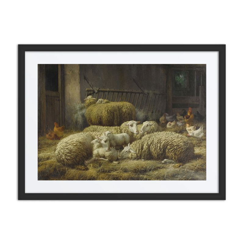 Sheep and Chickens in a Barn