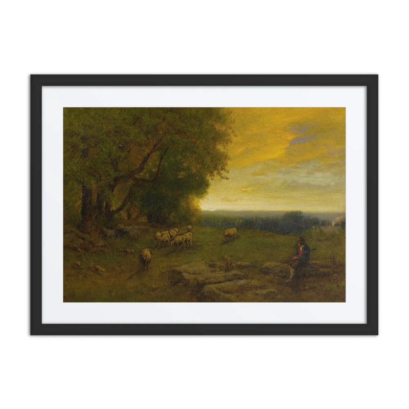 Shepherd and Flock at Sunset