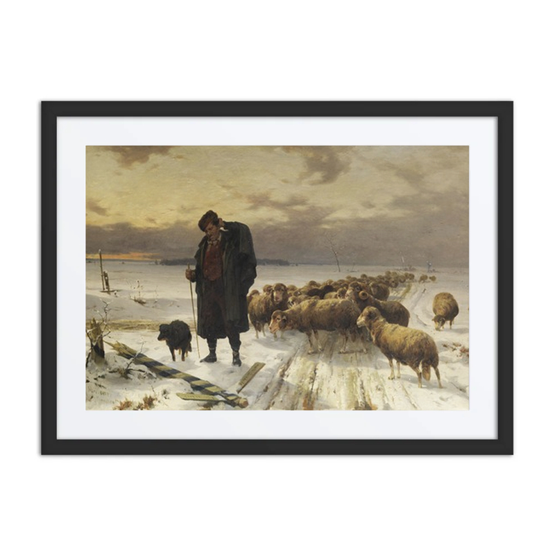 Shepherd with Flock in Winter Landscape