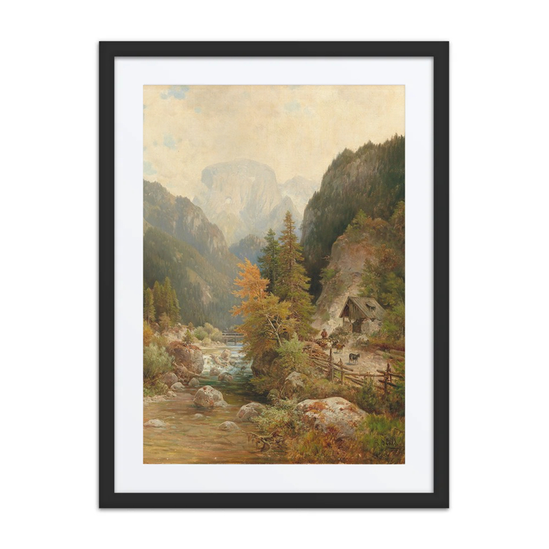 Shepherds and Flock by a Mountain Stream