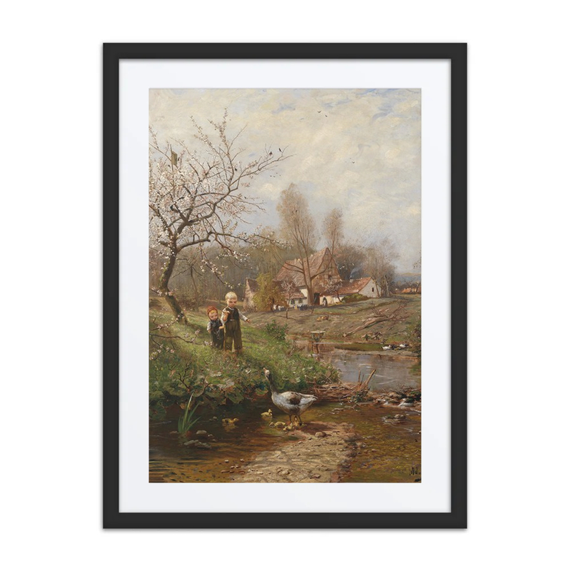Spring Landscape with Two Children and Geese