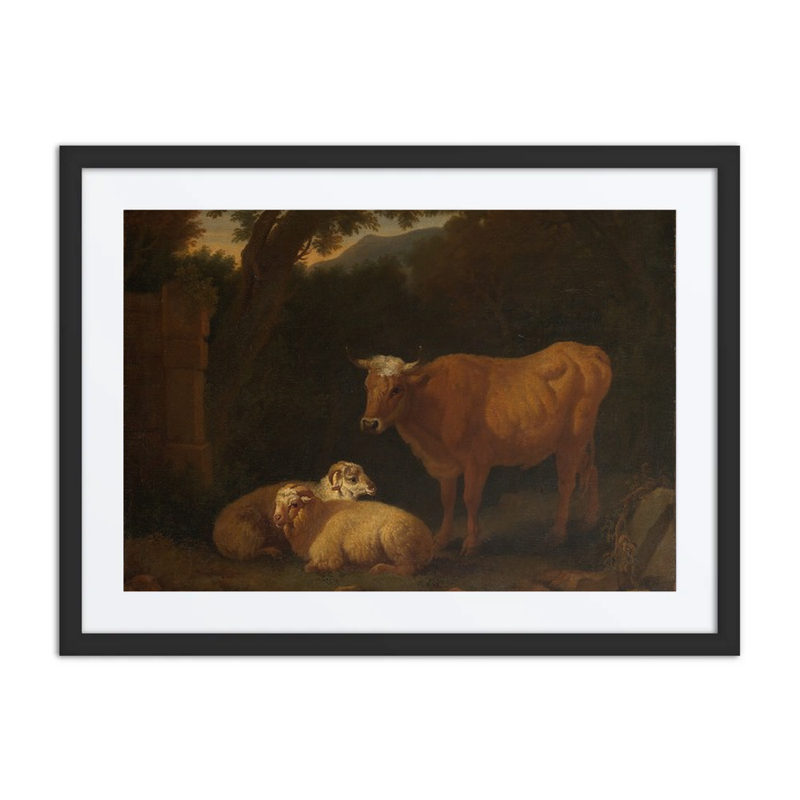 Standing Cow and Two Lying Sheep in a Forest Landscape