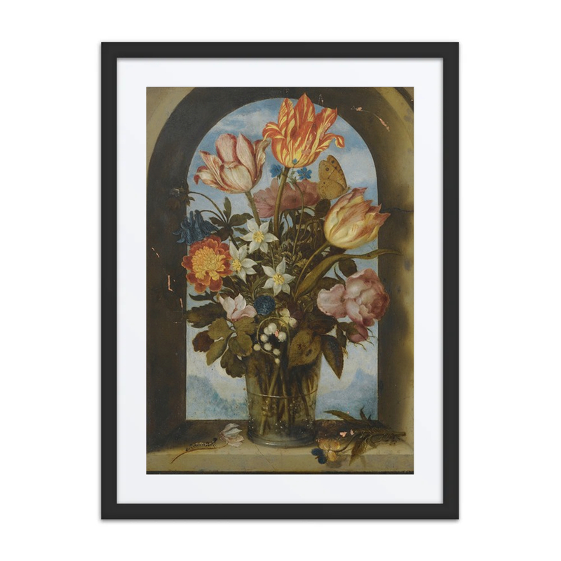 Still Life of Tulips, Moss-Roses, Lily-Of-The-Valley and Other Flowers in a Glass Beaker Set in an Arched Stone Window Opening