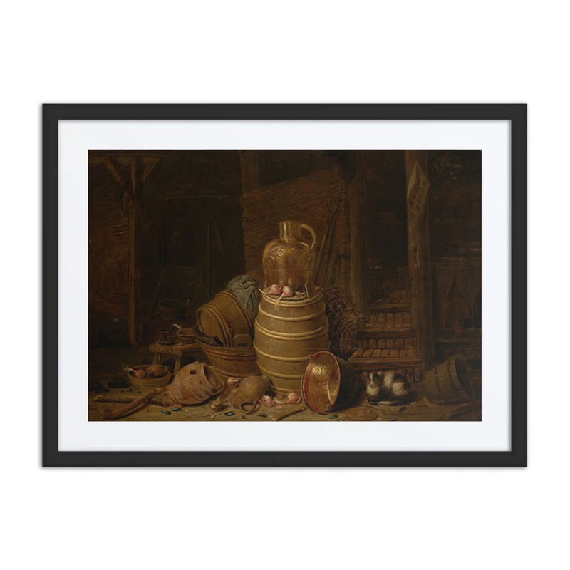 Still Life with Barrels and a Cat