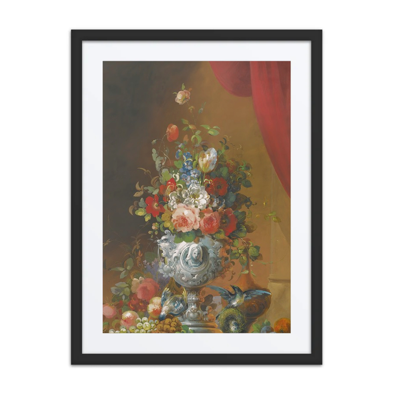 Still Life with Flowers in an Urn, Birds and Fruit on a Ledge Below