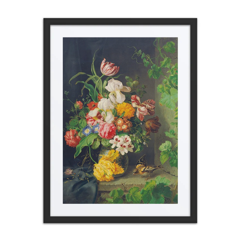 Still Life with Flowers, Sparrow, and Vine Branch