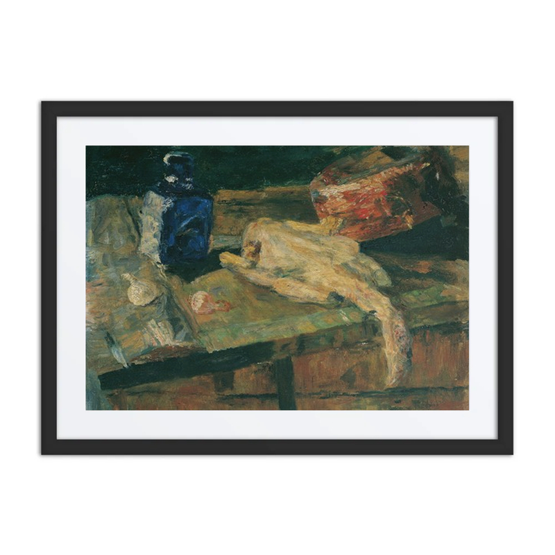 Stillleben Mit Blauer Flasche Und Gerupftem Huhn
