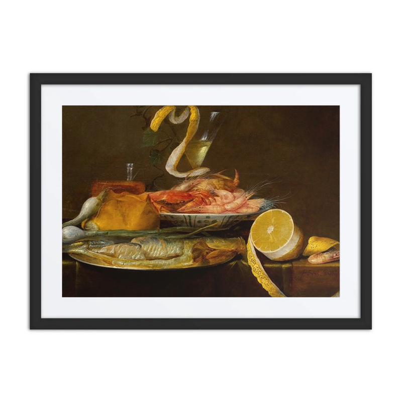 Tabletop Still Life with Seafood and Fruit