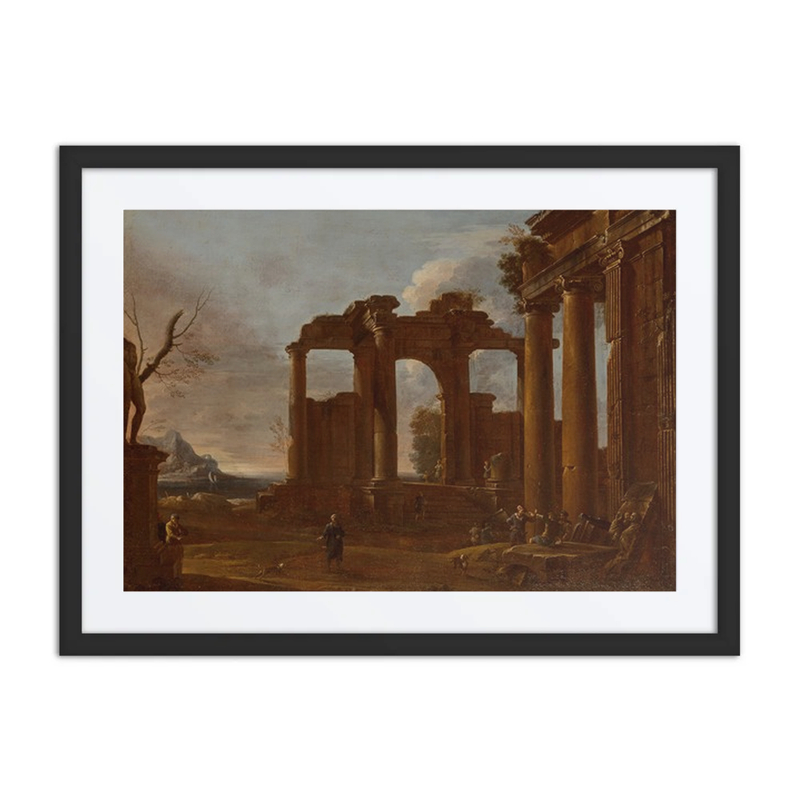 Two Classical Temples in Ruins with Statue, Bas-Relief and Figures