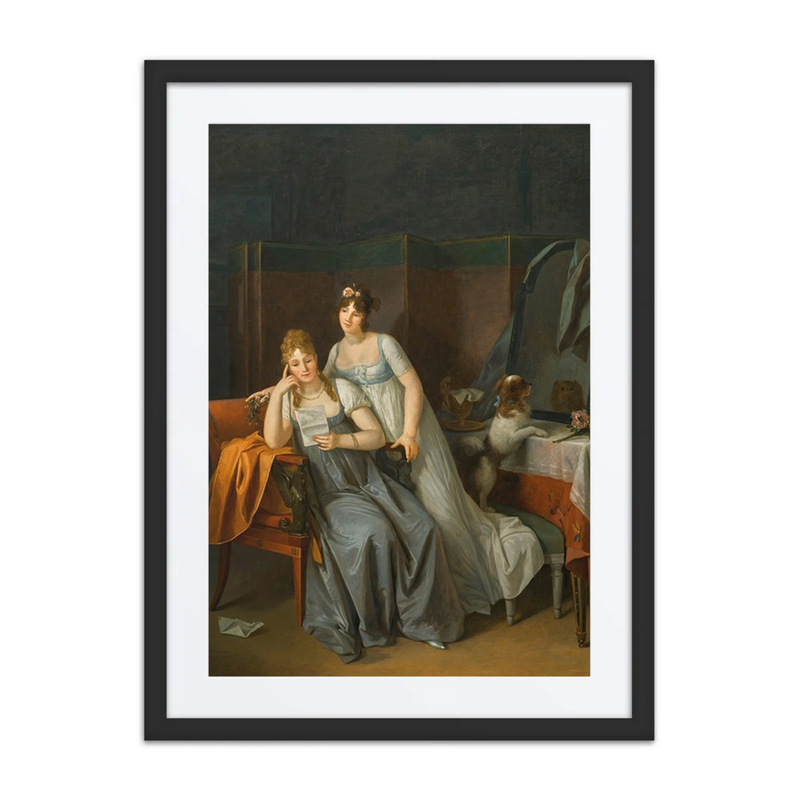 Two Ladies Reading a Letter with a Dog