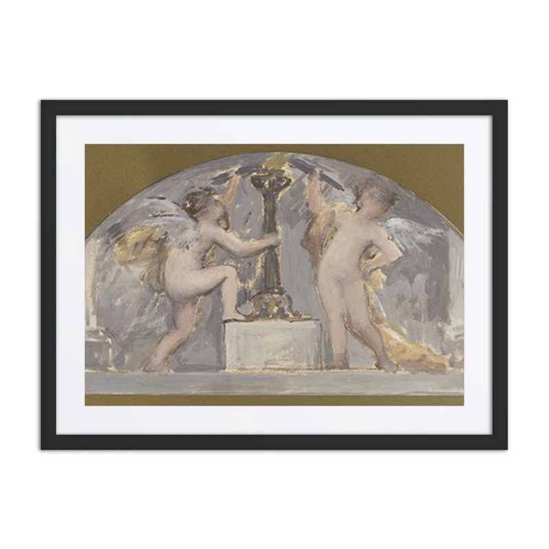 Two Loves Holding Torches Near a Lit Torchere