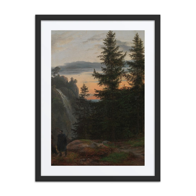 Two Men Before a Waterfall at Sunset